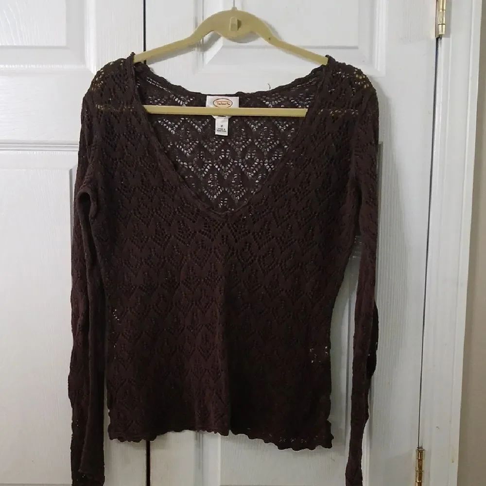 Talbots brown crochet brown long sleeve lightweight sweater Sz M EUC